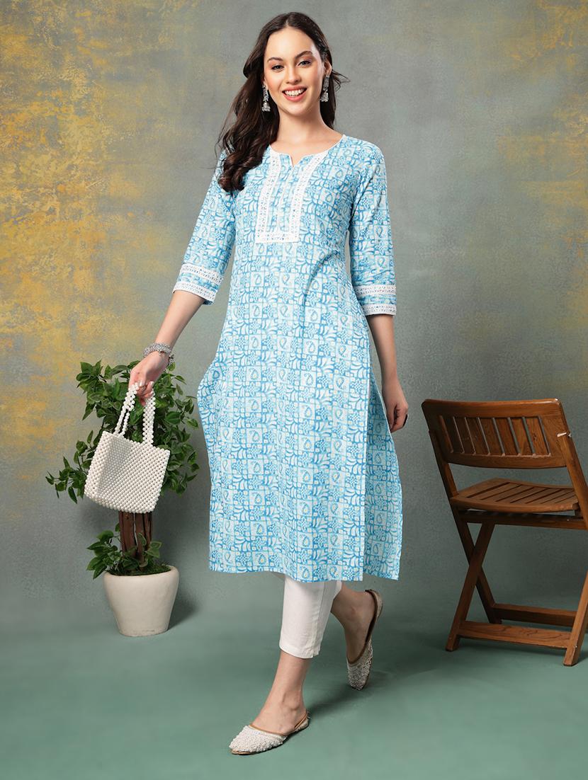 women printed three quarter sleeve straight kurta - 22040992 - Zoom Image - 0