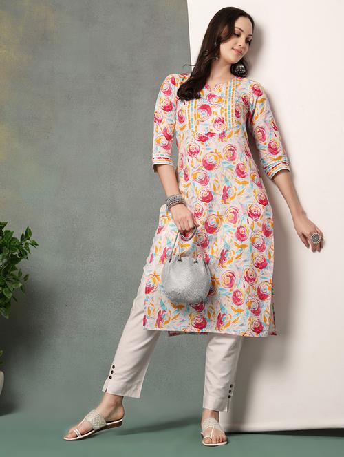 women printed three quarter sleeve straight kurta - 22040997 -  Standard Image - 0
