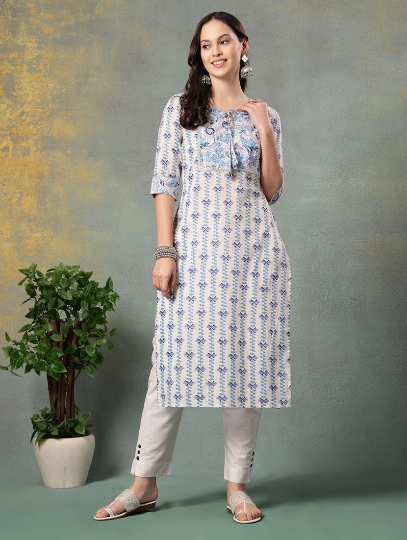 women printed three quarter sleeve straight kurta
