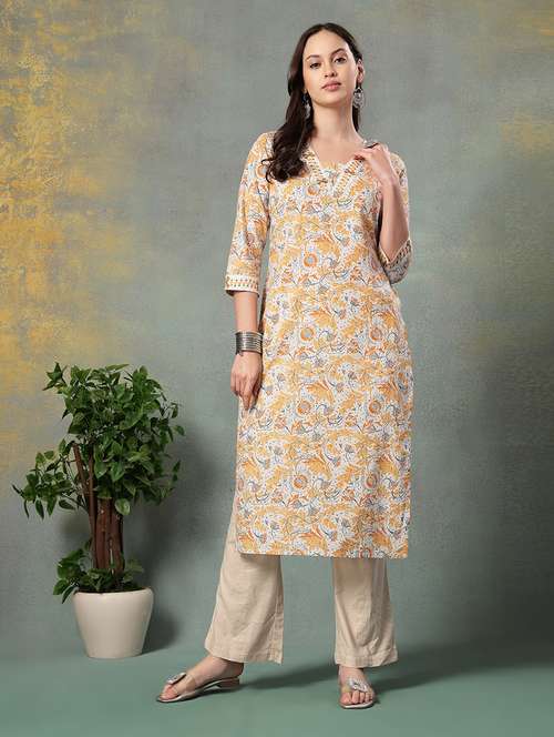 women printed three quarter sleeve straight kurta - 22041001 - Standard Image - 0
