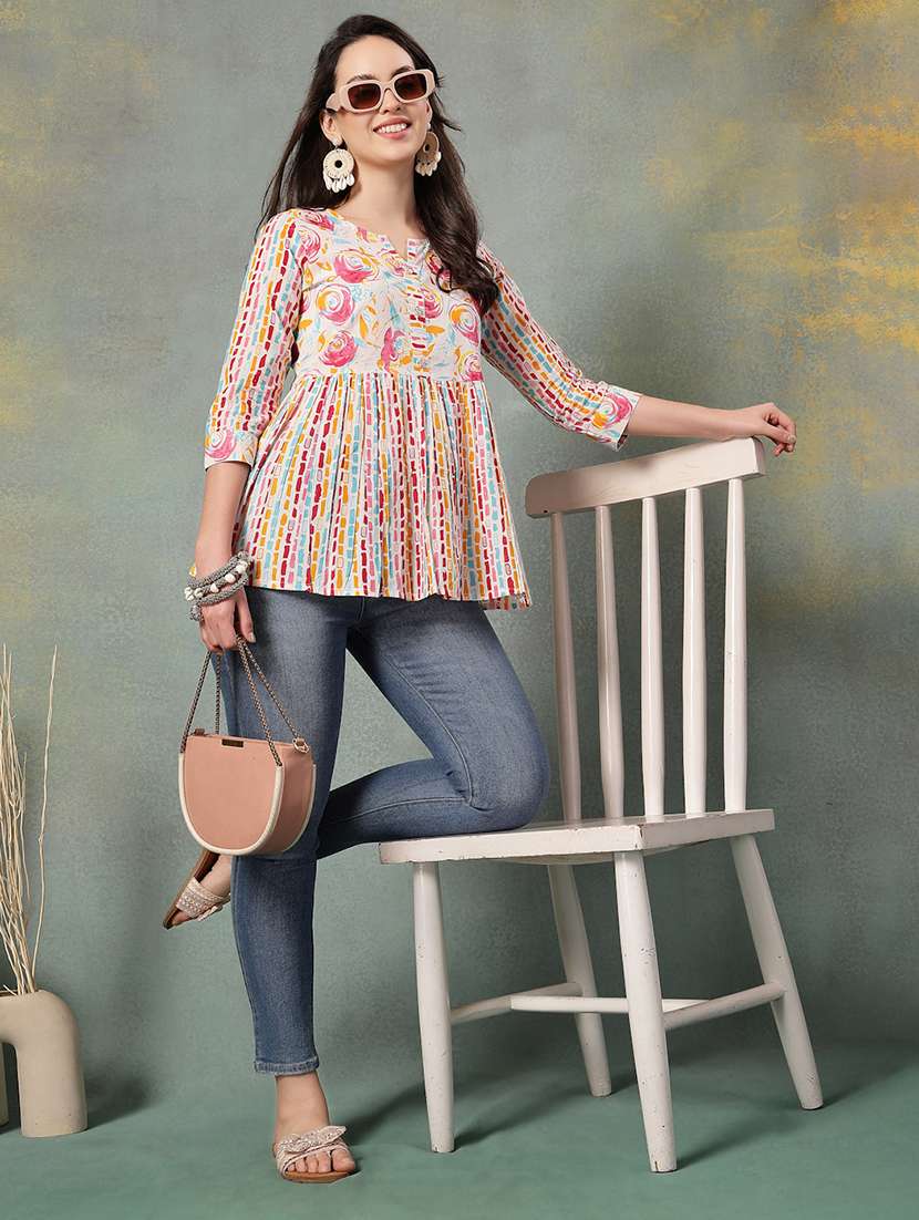 women printed three quarter sleeve a-line kurti - 22041007 - Standard Image - 3