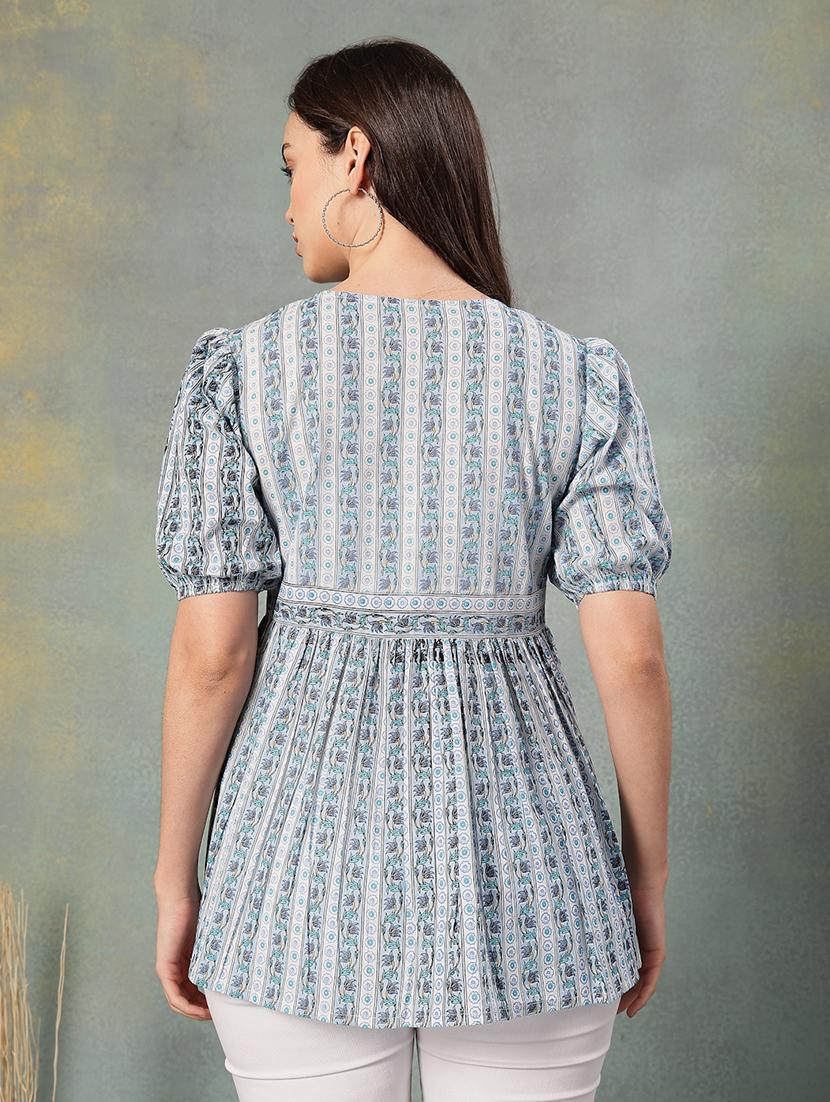 women printed puff sleeve flaerd top - 22041008 - Standard Image - 3