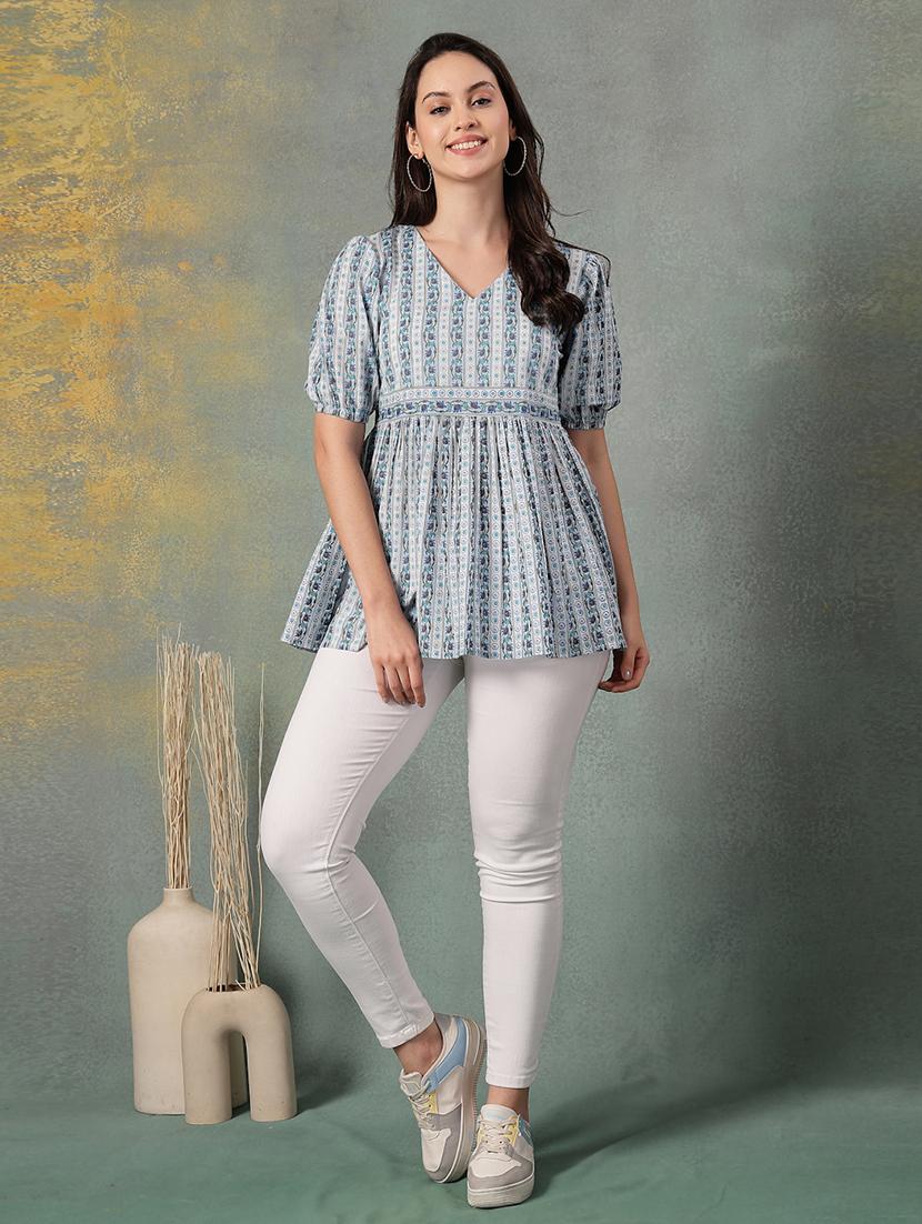 women printed puff sleeve flaerd top - 22041008 - Standard Image - 5