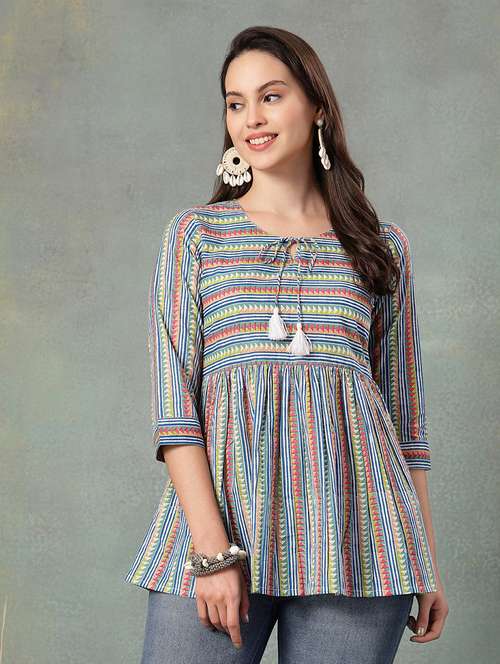 women printed three quarter sleeve a-line kurti - 22041009 -  Standard Image - 0