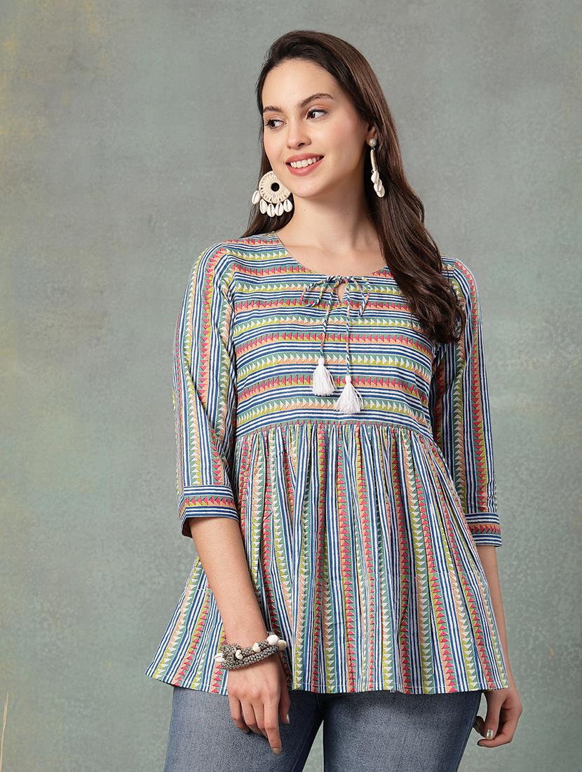 women printed three quarter sleeve a-line kurti