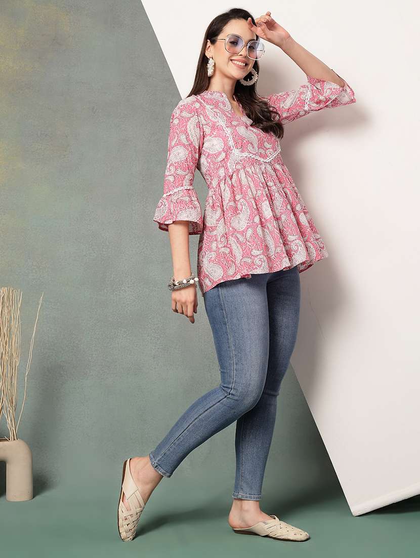 women printed three quarter sleeve tiered kurti - 22041014 - Standard Image - 5