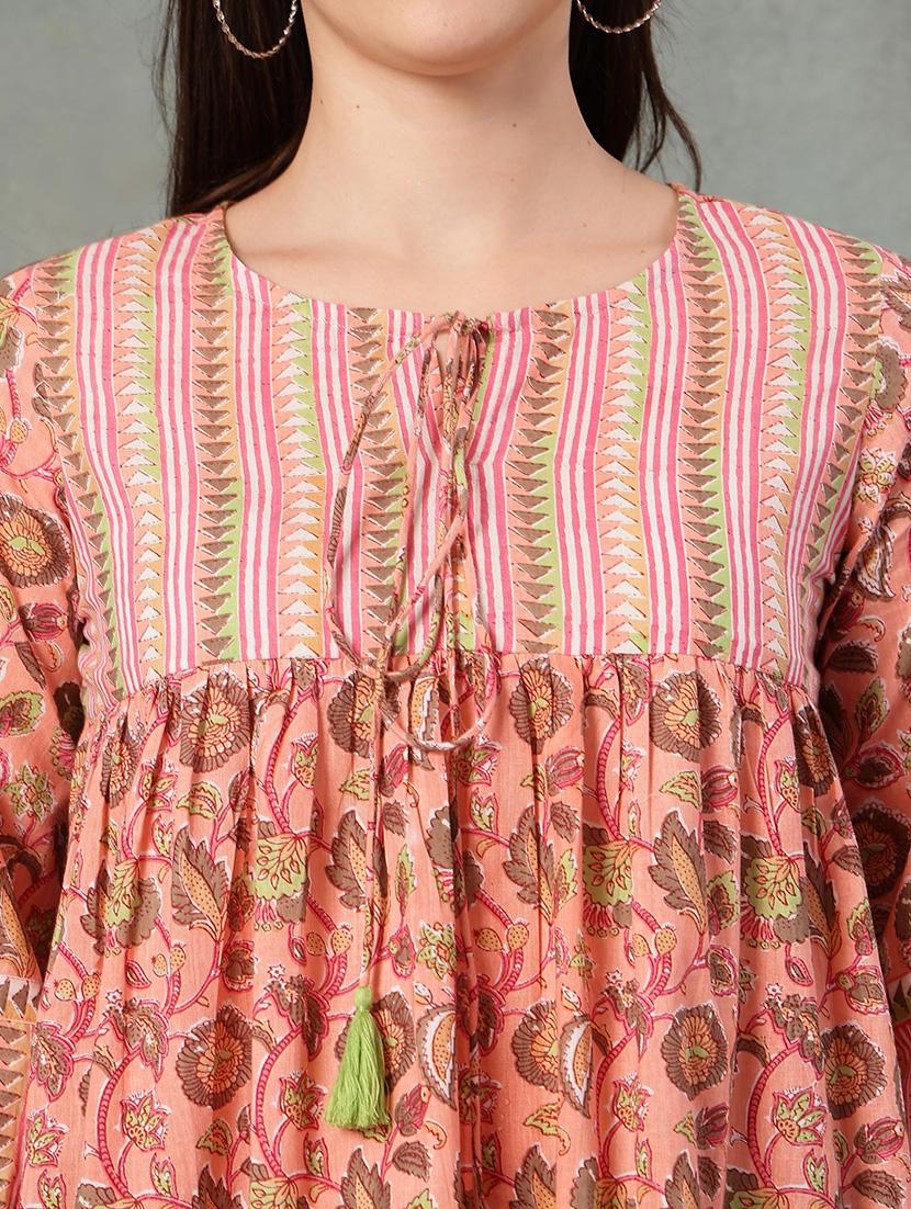 women printed tie up neck a-line top - 22041015 - Standard Image - 5