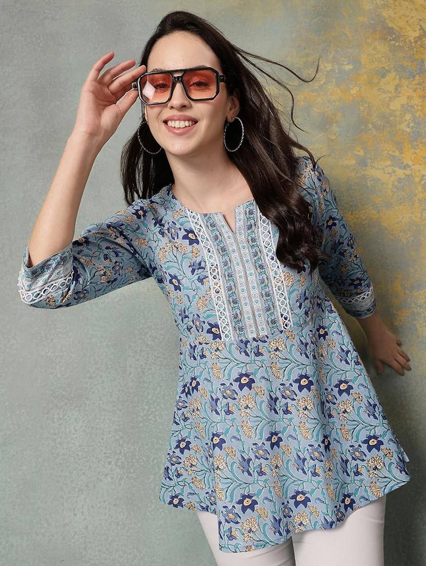women printed three quarter sleeve a-line kurti