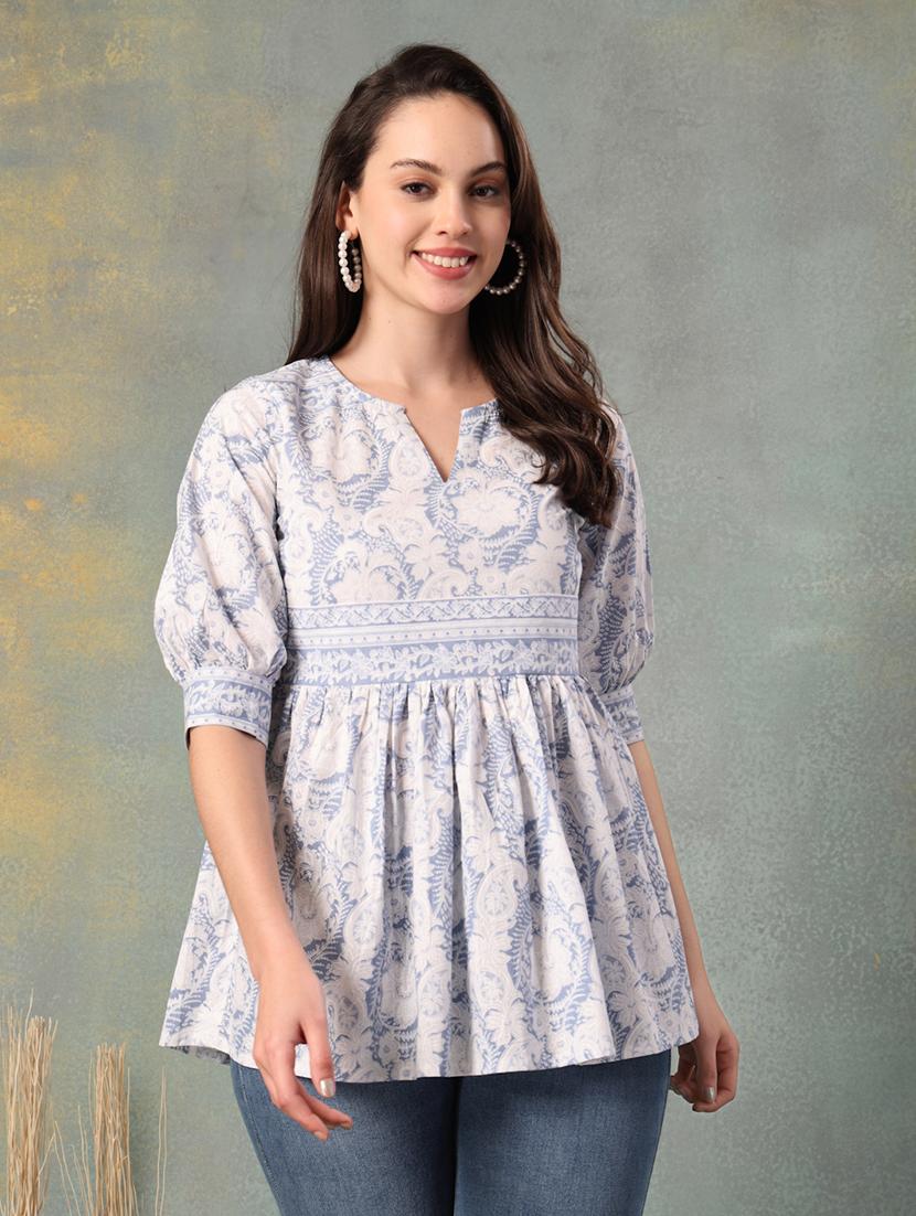 women printed puff sleeve a-line kurti - 22041018 - Zoom Image - 0