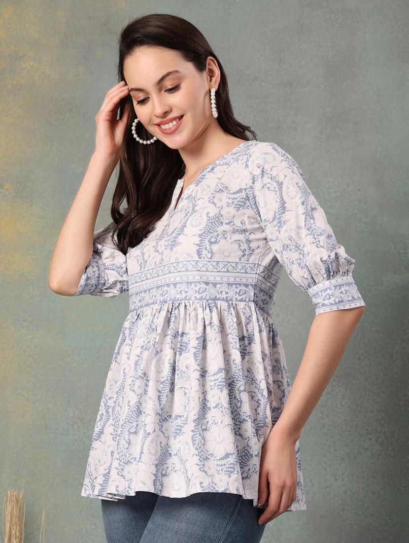 women printed puff sleeve a-line kurti - 22041018 - Standard Image - 3