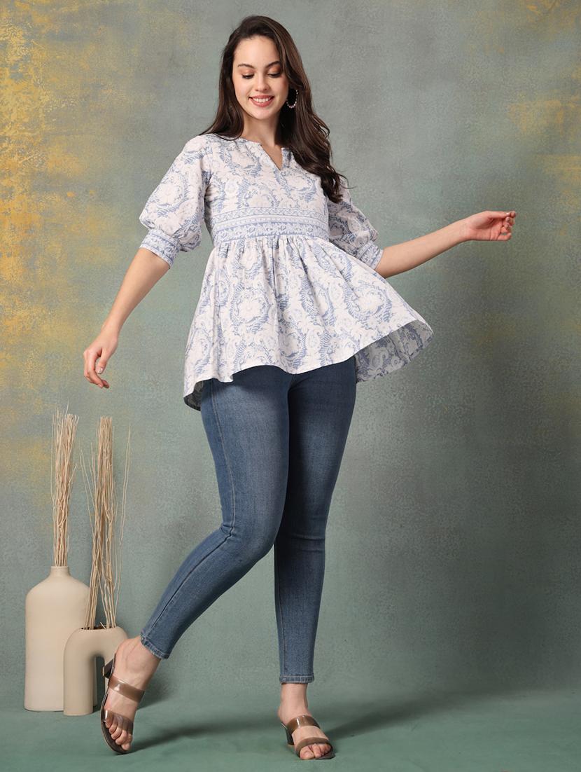 women printed puff sleeve a-line kurti - 22041018 - Standard Image - 5