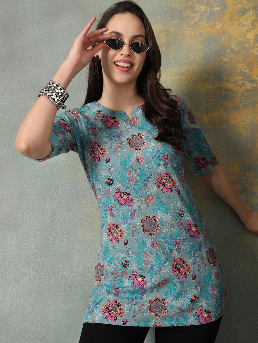 women printed three quarter sleeve straight kurti
