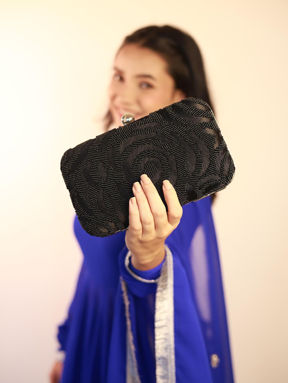 black zari work suede box clutch - 22041129 - Standard Image - 5