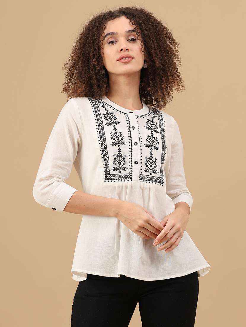 women solid with work three quarter sleeve a-line kurti