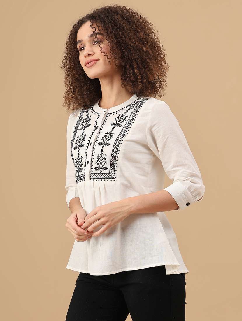 women solid with work three quarter sleeve a-line kurti - 22041271 -  Standard Image - 3