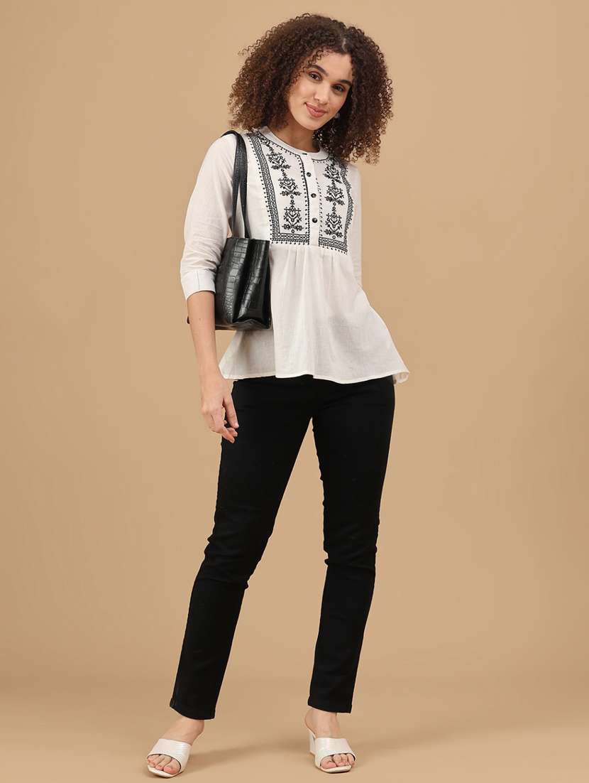 women solid with work three quarter sleeve a-line kurti - 22041271 -  Standard Image - 5