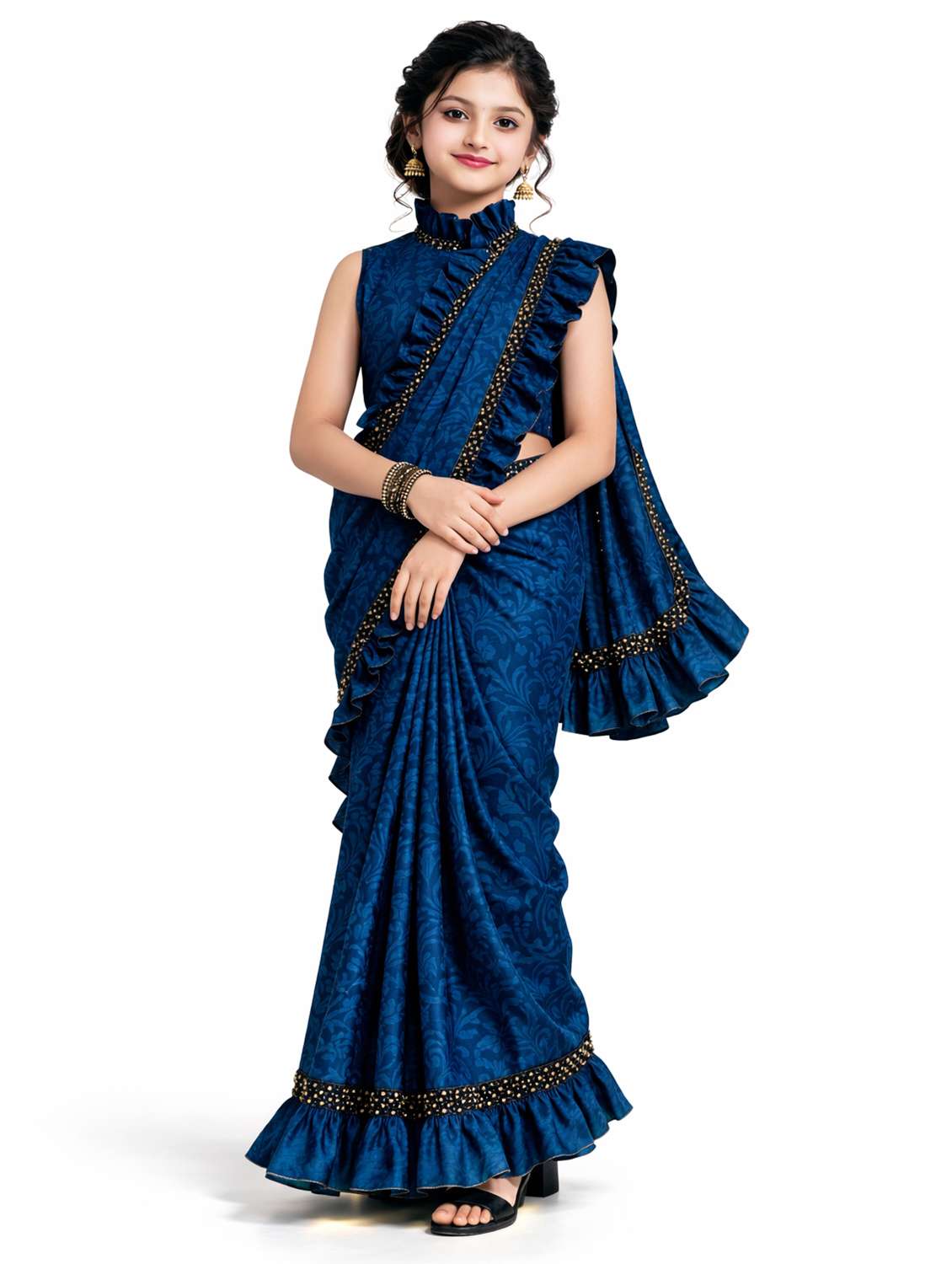 girls embellished ready to wear ruffle saree