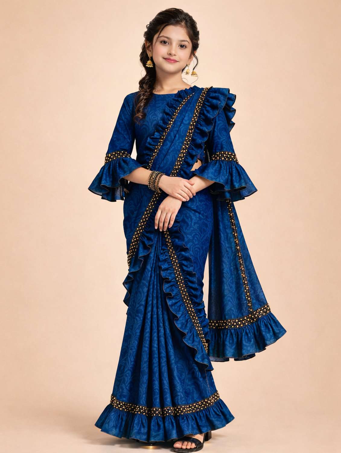 girls embellished ready to wear ruffle saree