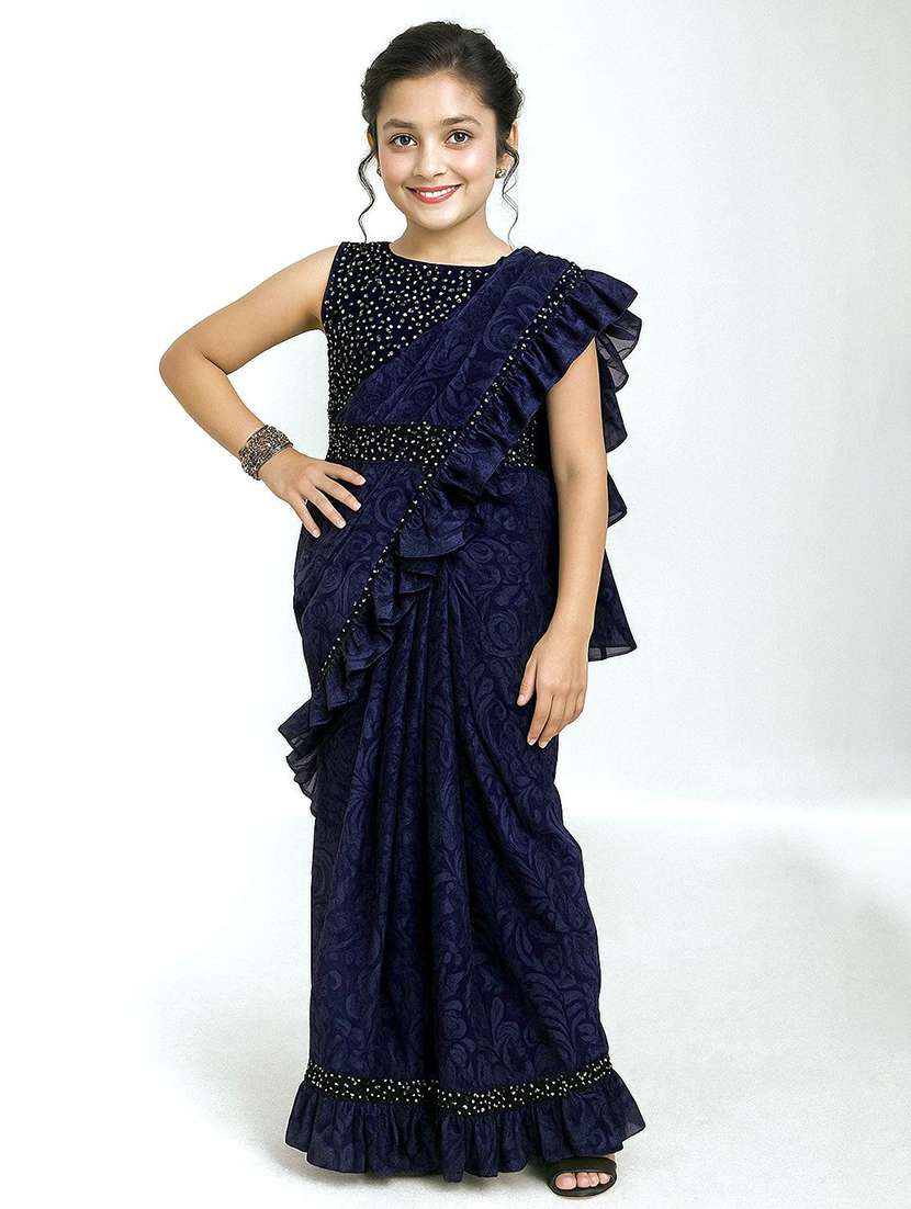 girls embellished ready to wear ruffle saree