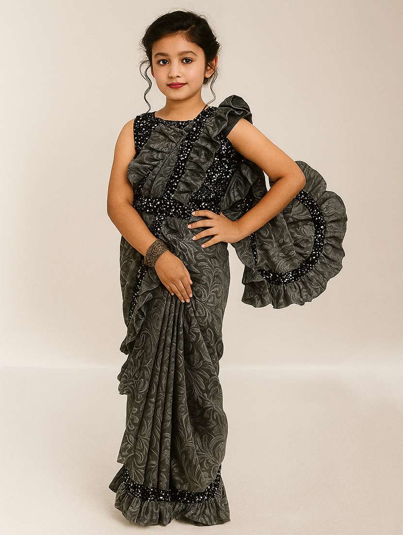 girls embellished ready to wear ruffle saree