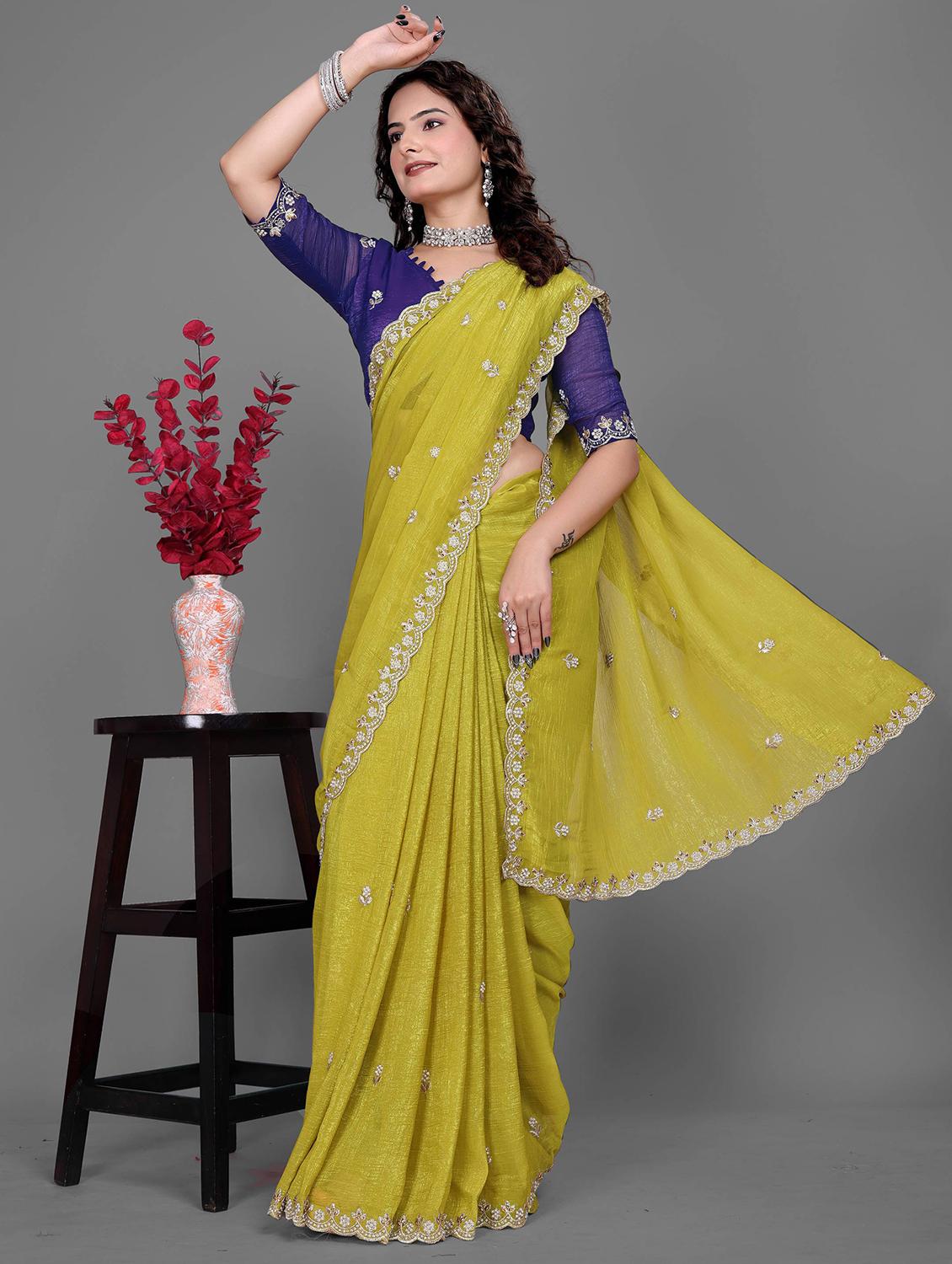 women solid with work embroidered saree with blouse