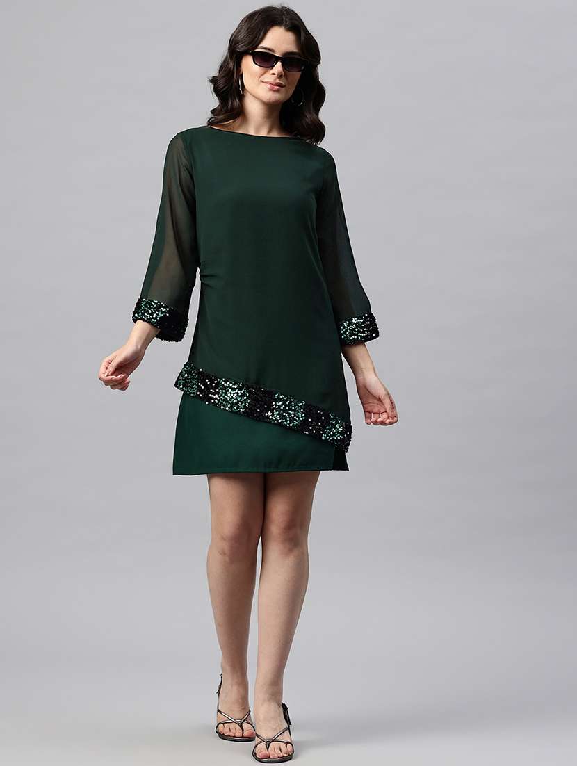women green sequined long sleeve a-line dress - 22041297 -  Zoom Image - 0