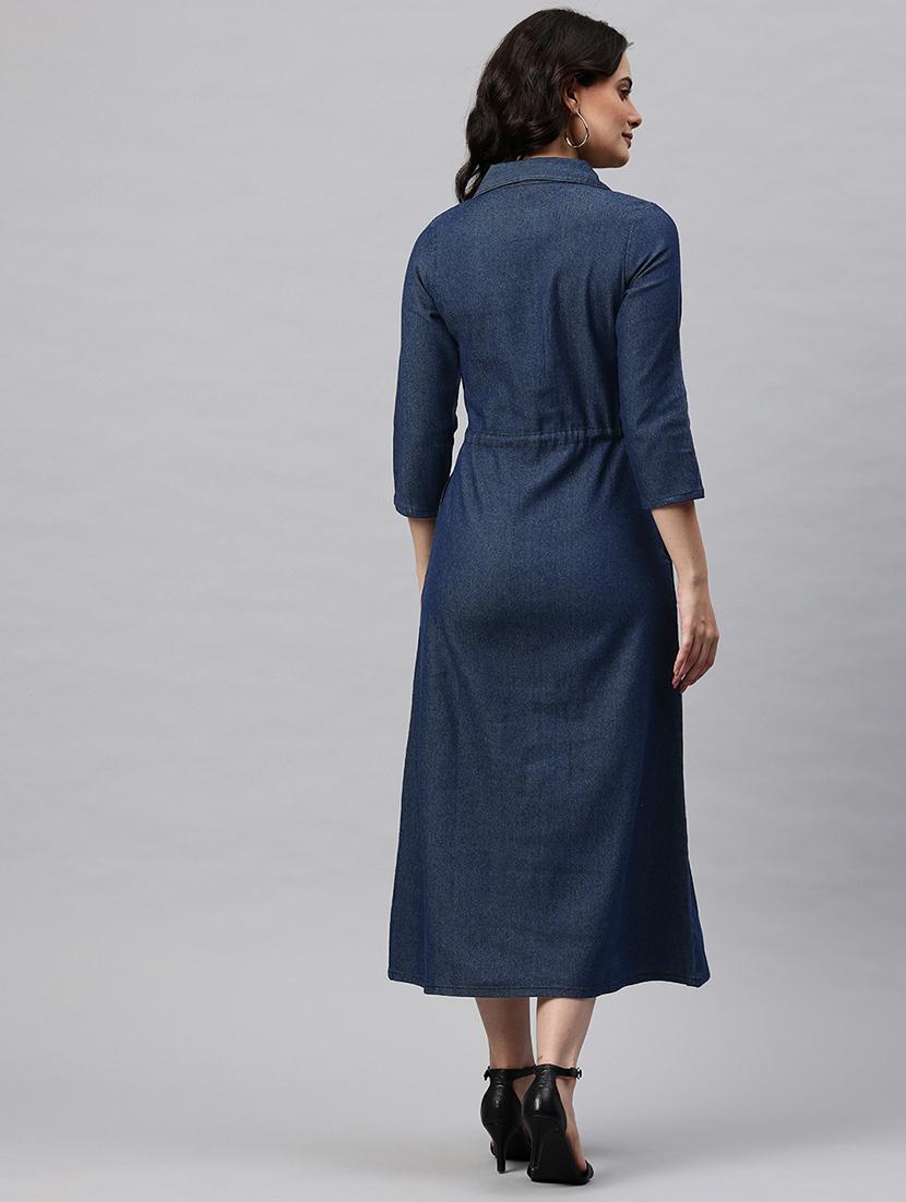 women solid lapel neck shirt denim dress - 22041300 - Standard Image - 3