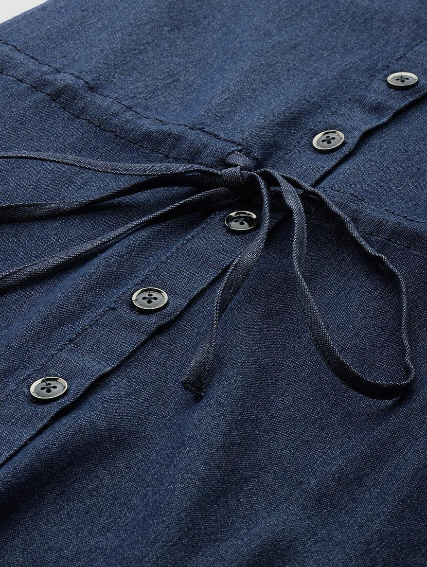 women solid lapel neck shirt denim dress - 22041300 - Standard Image - 5
