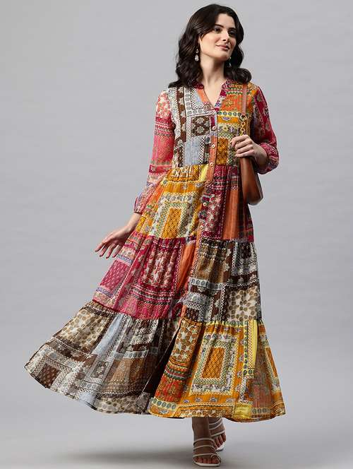 women printed mandarin neck long sleeve tiered dress - 22041305 - Standard Image - 0