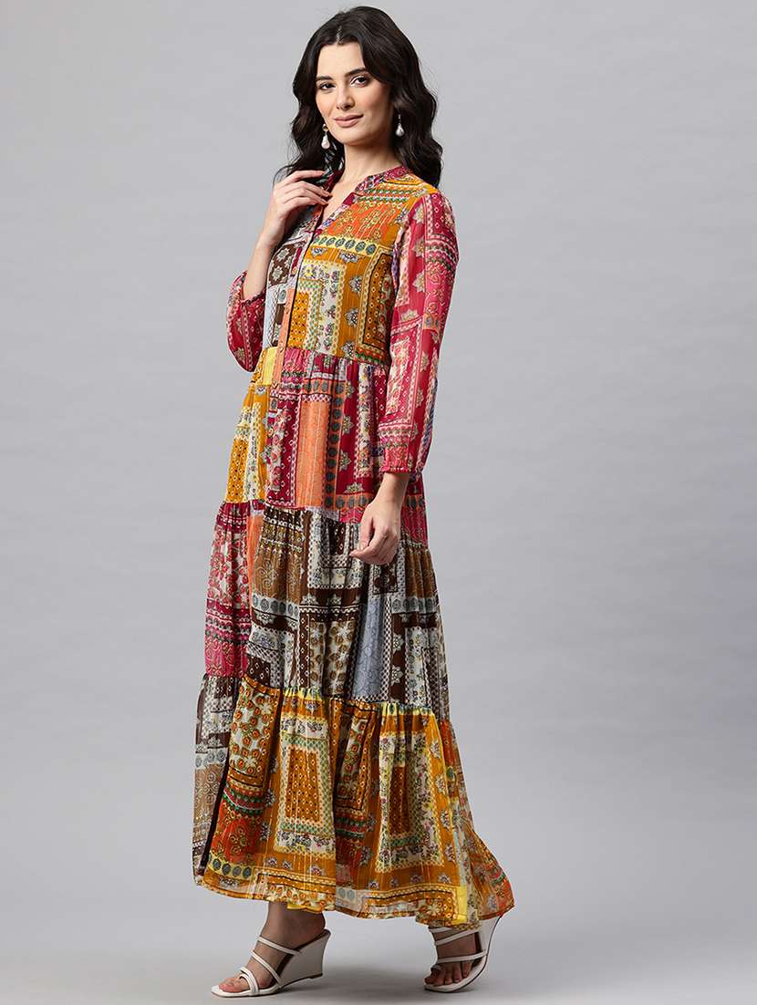 women printed mandarin neck long sleeve tiered dress - 22041305 - Standard Image - 3