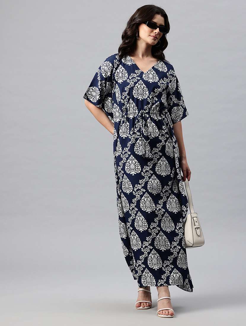 women printed kimono sleeve kaftan dress