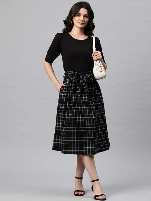 women checkered puff sleeve fit & flare dress - 22041310 -  Standard Image - 0