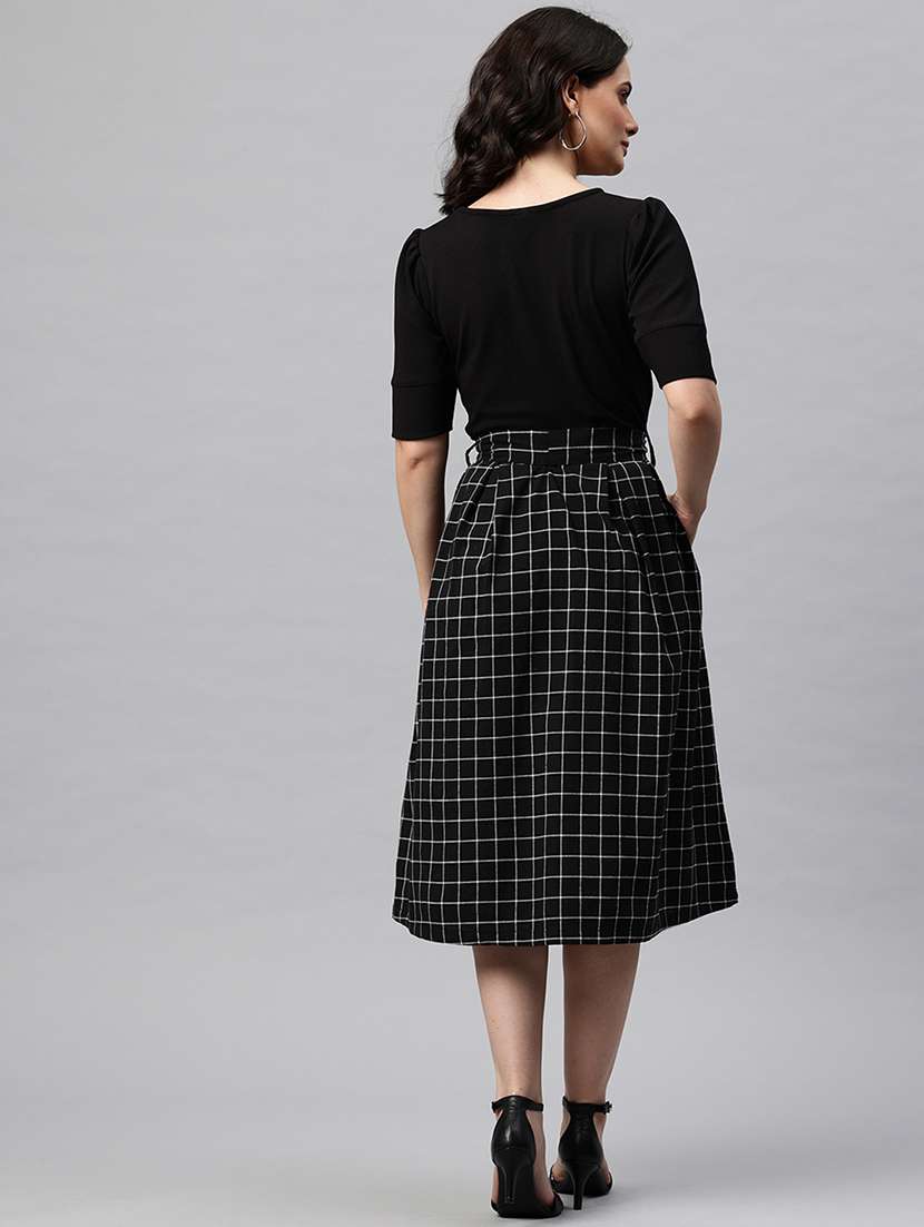women checkered puff sleeve fit & flare dress - 22041310 - Standard Image - 3
