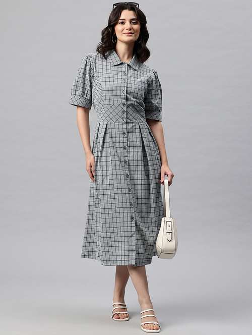 women checkered collared puff sleeve shirt dress - 22041312 -  Standard Image - 0