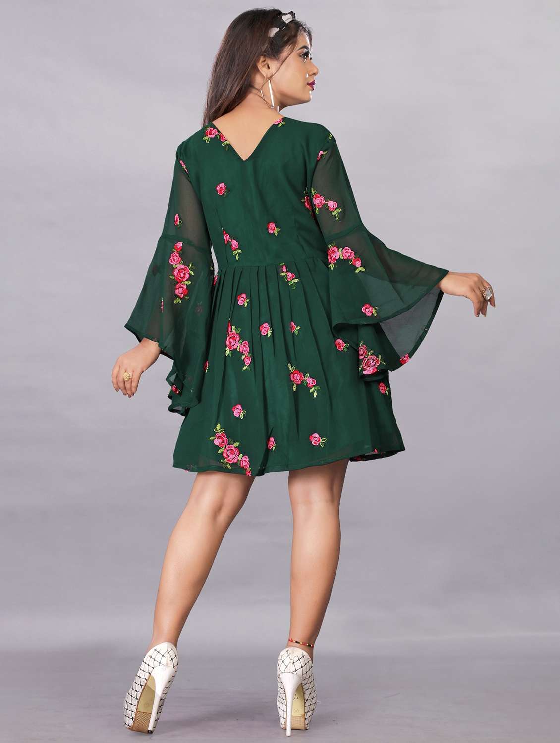 women embroidered flared sleeve fit & flare dress - 22041325 - Standard Image - 3