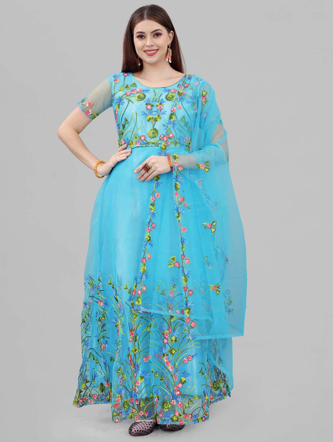 women embroidered fit & flare gown with dupatta