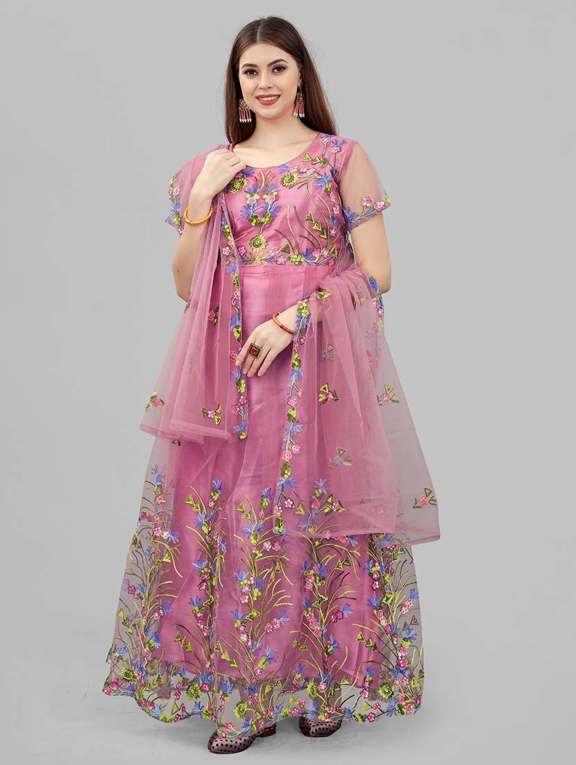 women embroidered fit & flare gown with dupatta