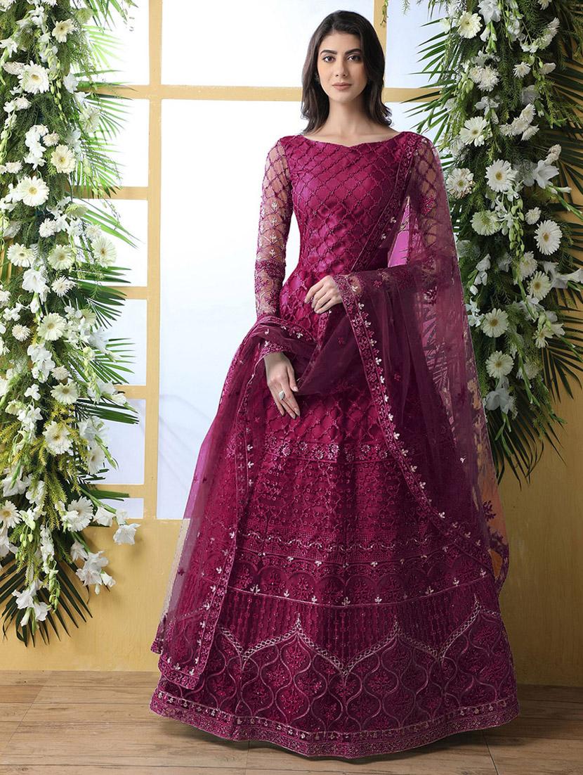 women embroidered long sleeve fit & flare gown with dupatta
