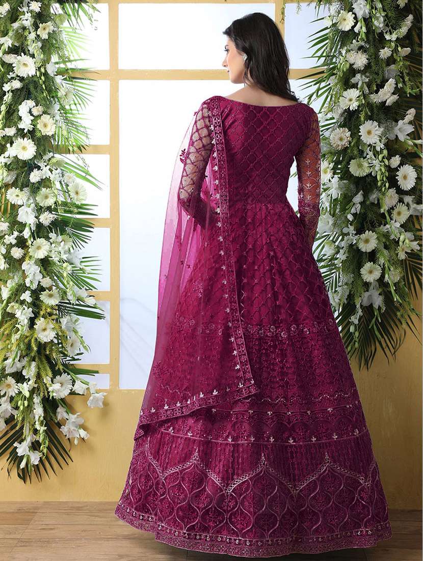 women embroidered long sleeve fit & flare gown with dupatta - 22041362 - Standard Image - 3