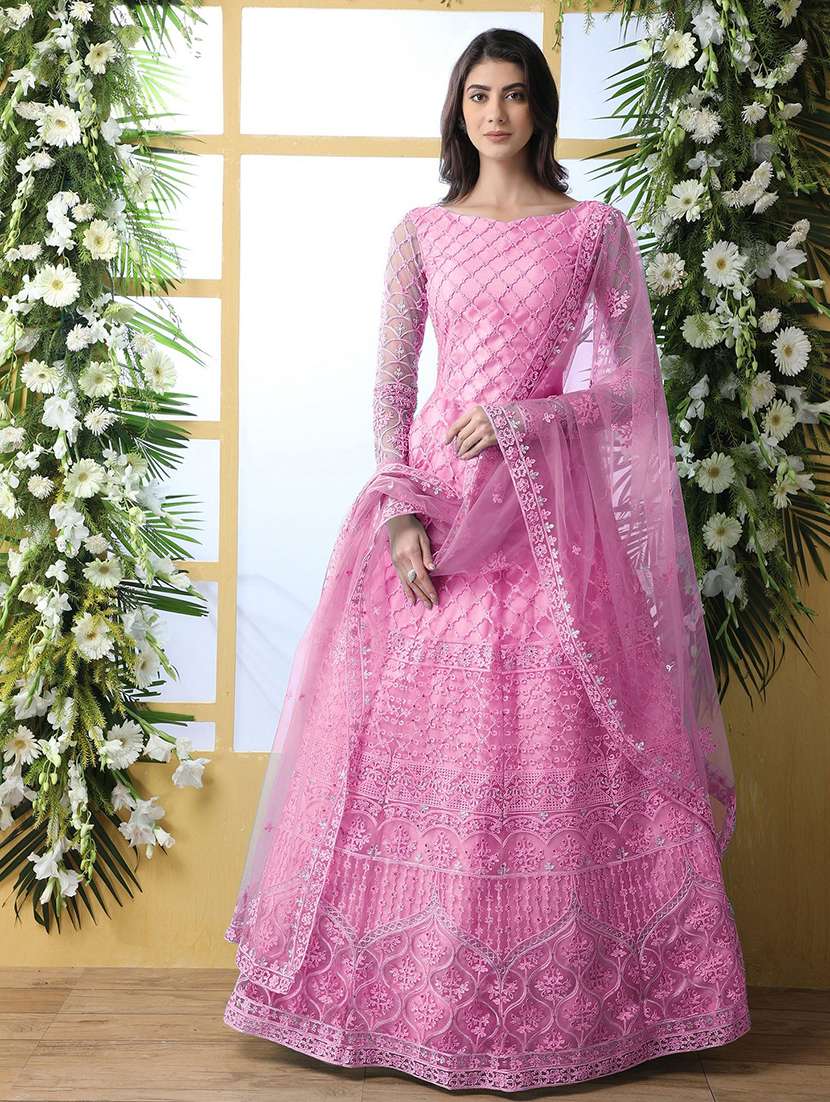 women embroidered fit & flare gown with dupatta - 22041364 - Zoom Image - 0
