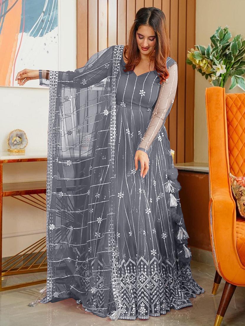 grey net fit & flare gown - 22041376 - Zoom Image - 0
