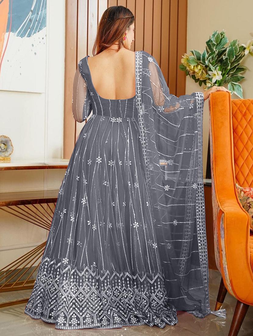 grey net fit & flare gown - 22041376 - Standard Image - 3