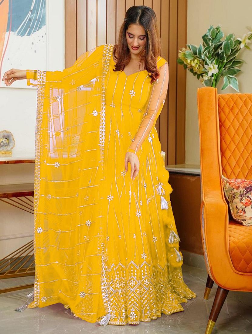 women embroidered fit & flare gown with dupatta - 22041378 - Zoom Image - 0