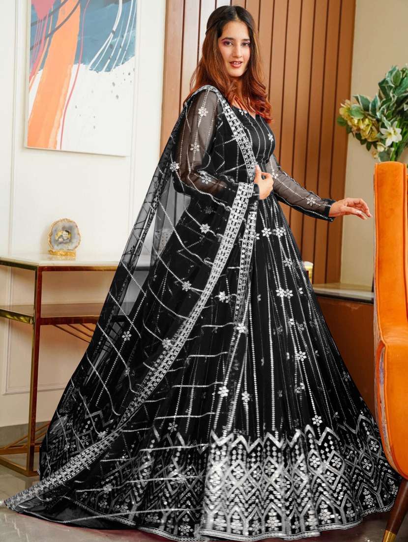women embroidered fit & flare gown with dupatta