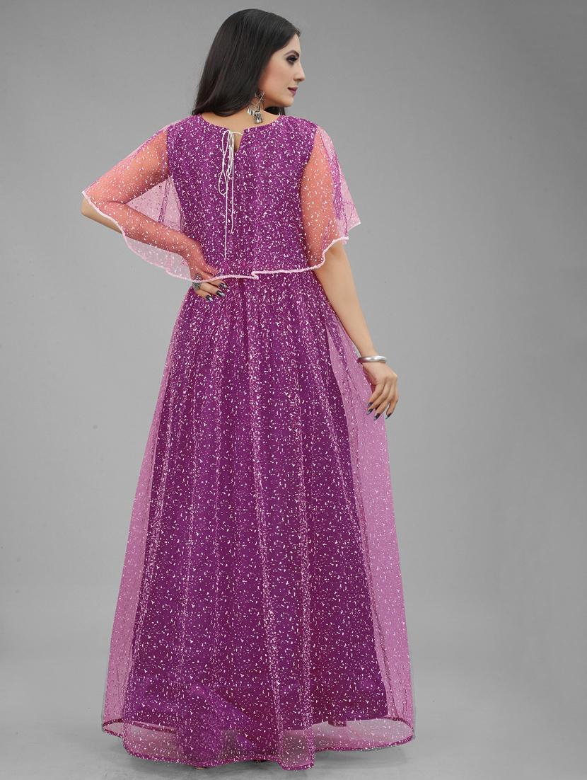 women embroidered cape sleeve fit & flare gown - 22041399 - Standard Image - 3
