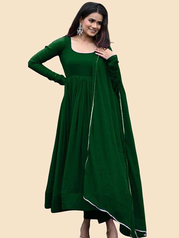 women solid long sleeve kurta dupatta set