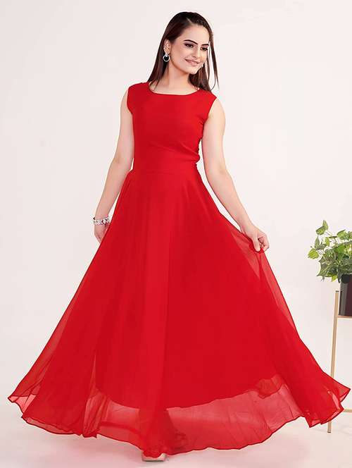 women solid sleeveless fit & flare stitched gown - 22041414 -  Standard Image - 0