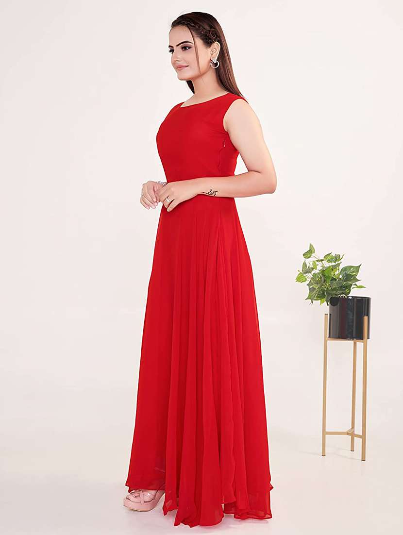 women solid sleeveless fit & flare stitched gown - 22041414 -  Standard Image - 3