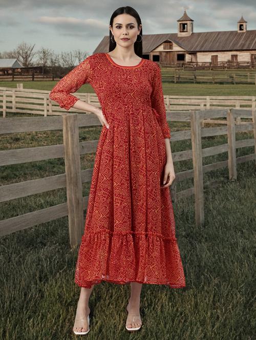 women printed three quarter sleeve tiered dress - 22041419 - Standard Image - 0