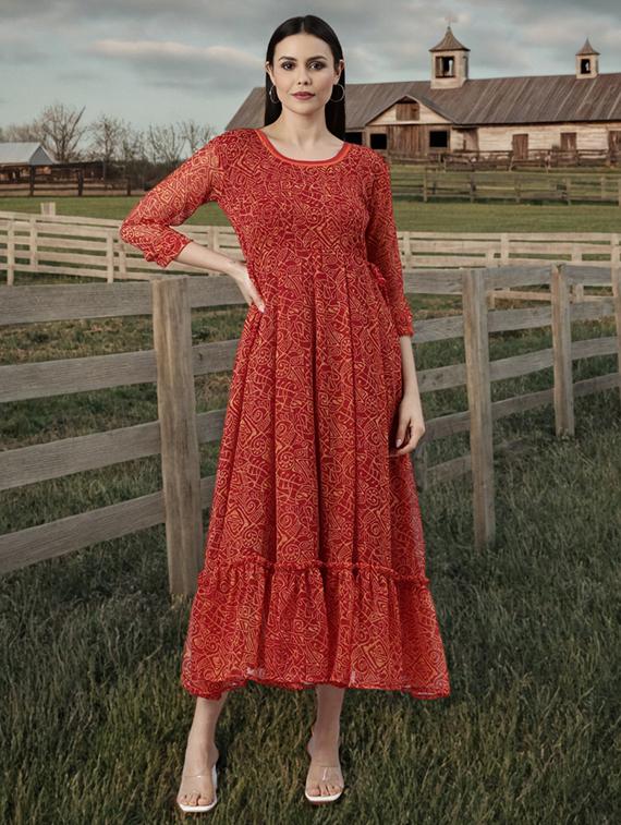 women printed three quarter sleeve tiered dress - 22041419 - Zoom Image - 0